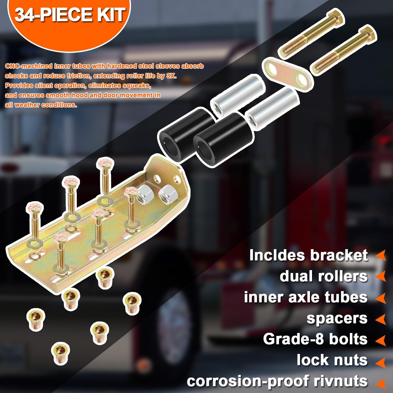 13-04387 Upper Roller Bracket Kit for Peterbilt 379 Truck Hood or Door,Driver or Passenger Side,Galvanized Steel Roller Bracket Kit with Rollers and Hardware Replacement 13-04391 13-04667 13-04403 (1)