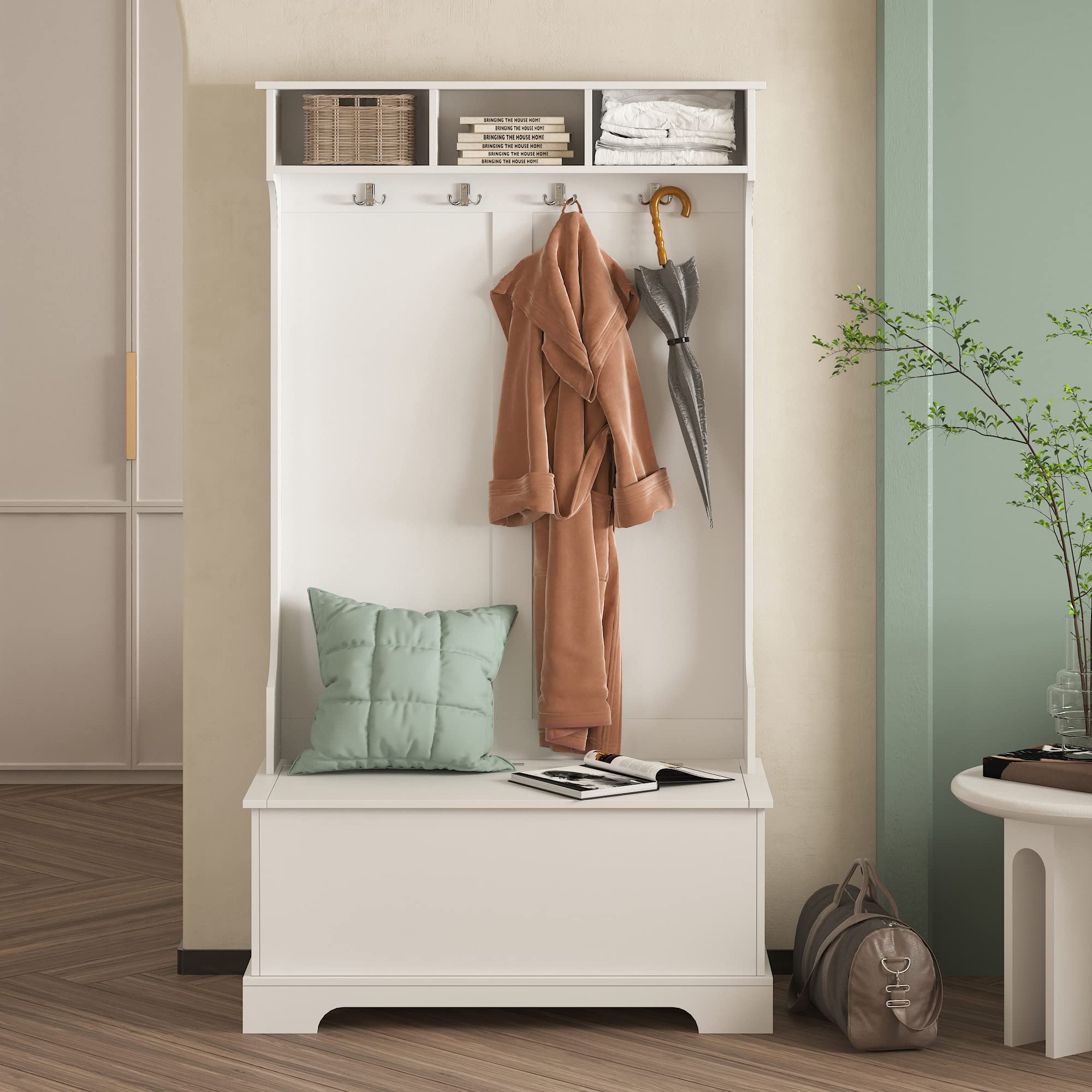 Hall Tree with Hooks and Hinged Lid, Coat Hanger, Entryway Bench, Storage  Bench, 3-in-1 Design, 63INCH, for Entrance, Hallway (58Lx22W, white)