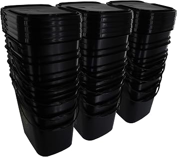 5.3 Gallon Black Rectangular Bucket/Pail with Hinged Snap Lid, 12 Pack