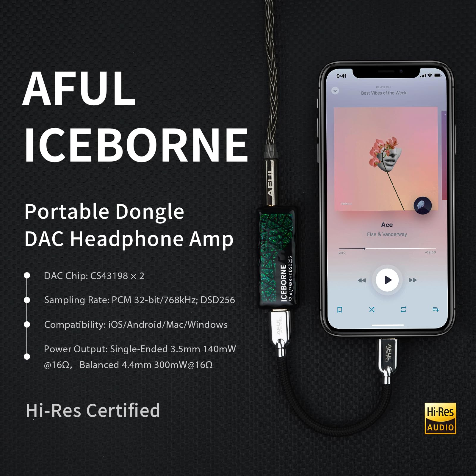 AFUL ICEBORNE tragbarer DAC-Kopfhörerverstärker CS43198 32 Bit 768 kHz PCM DSD256 USB 2.0 3,5mm 4,4mm Gehäuse aus Kunstharz