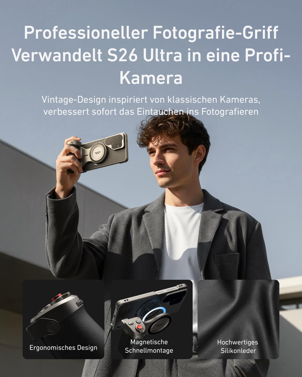 TELESIN Master Grip Kit für Samsung Galaxy S26 Ultra, Magnetisches Hülle & Grip mit 3200mAh Akku, ND16-Filter, 10-facher Blitz mit Vorblitz-Messung & LED, Kabelloses Laden, DSLR-Griff