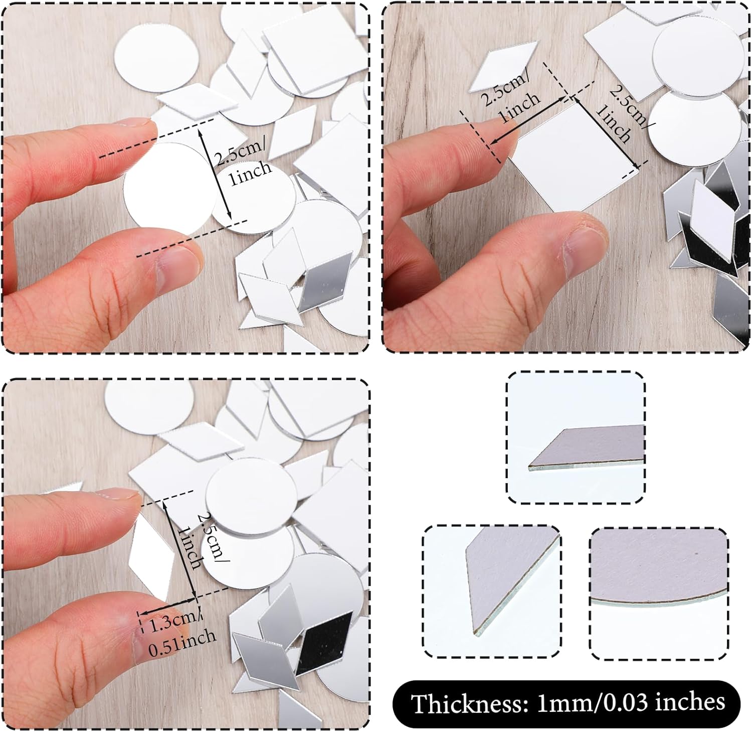 150 Pcs Small Mirrors for Crafts 3 Shapes Self-Adhesive Craft Mirrors Rhombus Rounds Squares DIY Mirror Mosaic Tiles for Crafts Supplies - Image 2