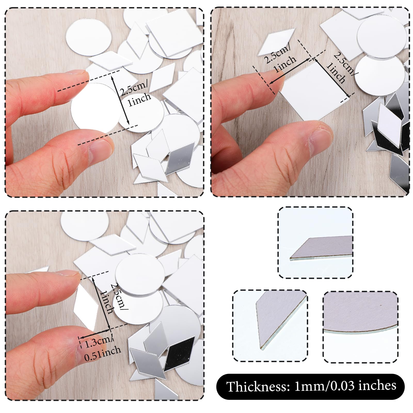 150 Pcs Small Mirrors for Crafts 3 Shapes Self-Adhesive Craft Mirrors Rhombus Rounds Squares DIY Mirror Mosaic Tiles for Crafts Supplies