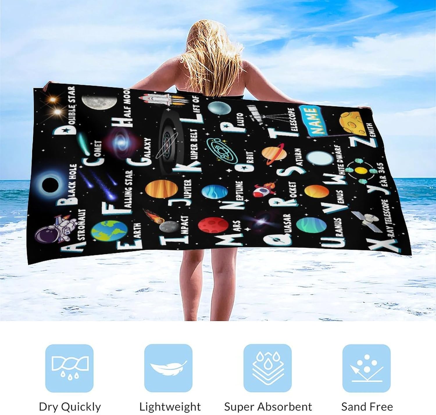 Planet Beach Towel Kids Adults Boys Men, Custom Beach & Bath Towels with Name for Pool Gym Seaside Bathroom, Personalized 40x70 Inches Microfiber Soft Quick Dry Towel for Swimming Camping