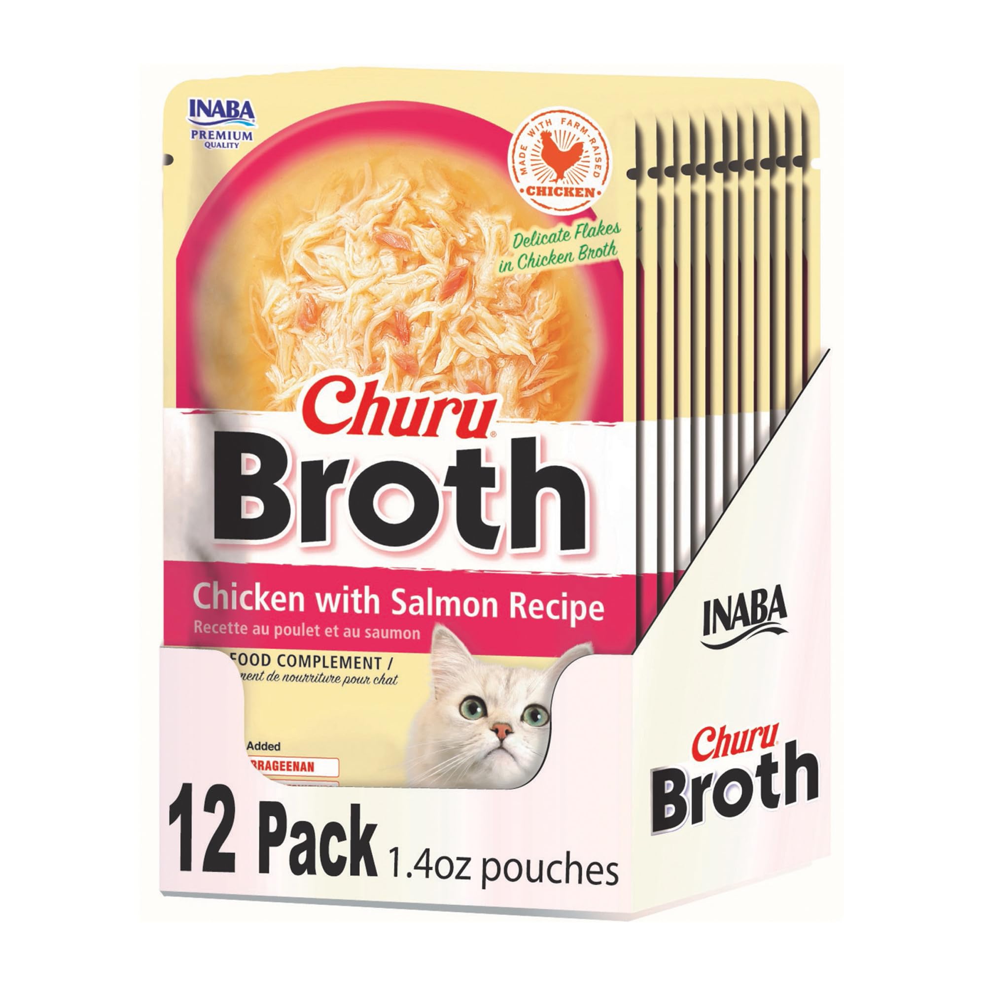 INABA Churu Broth for Cats, Side Dish Pouch, 1.4 Ounces per Pouch, 12 Pouches, Chicken with Salmon Recipe