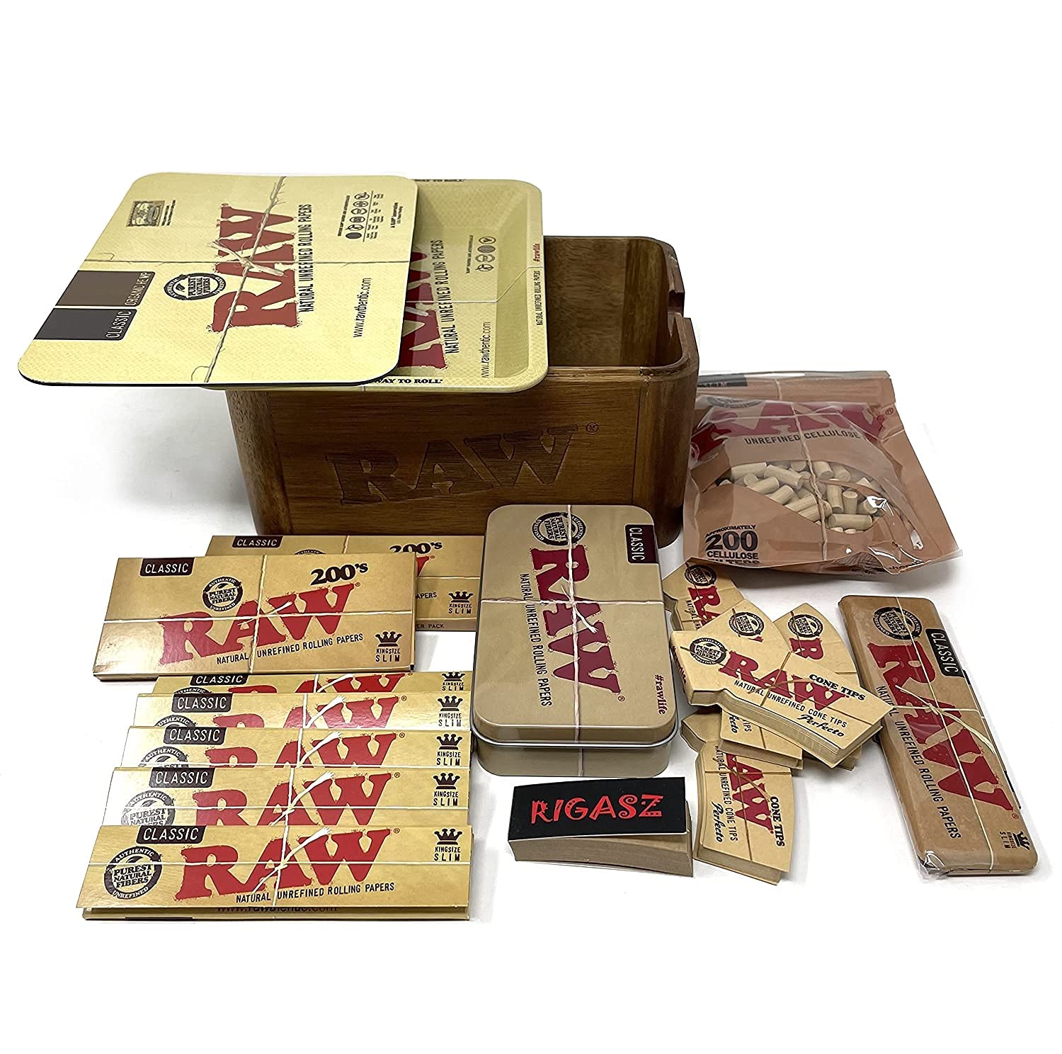 Reds Exclusive Tips RAW Wooden Cache Box Mini Set with Tray and Magnetic Cover