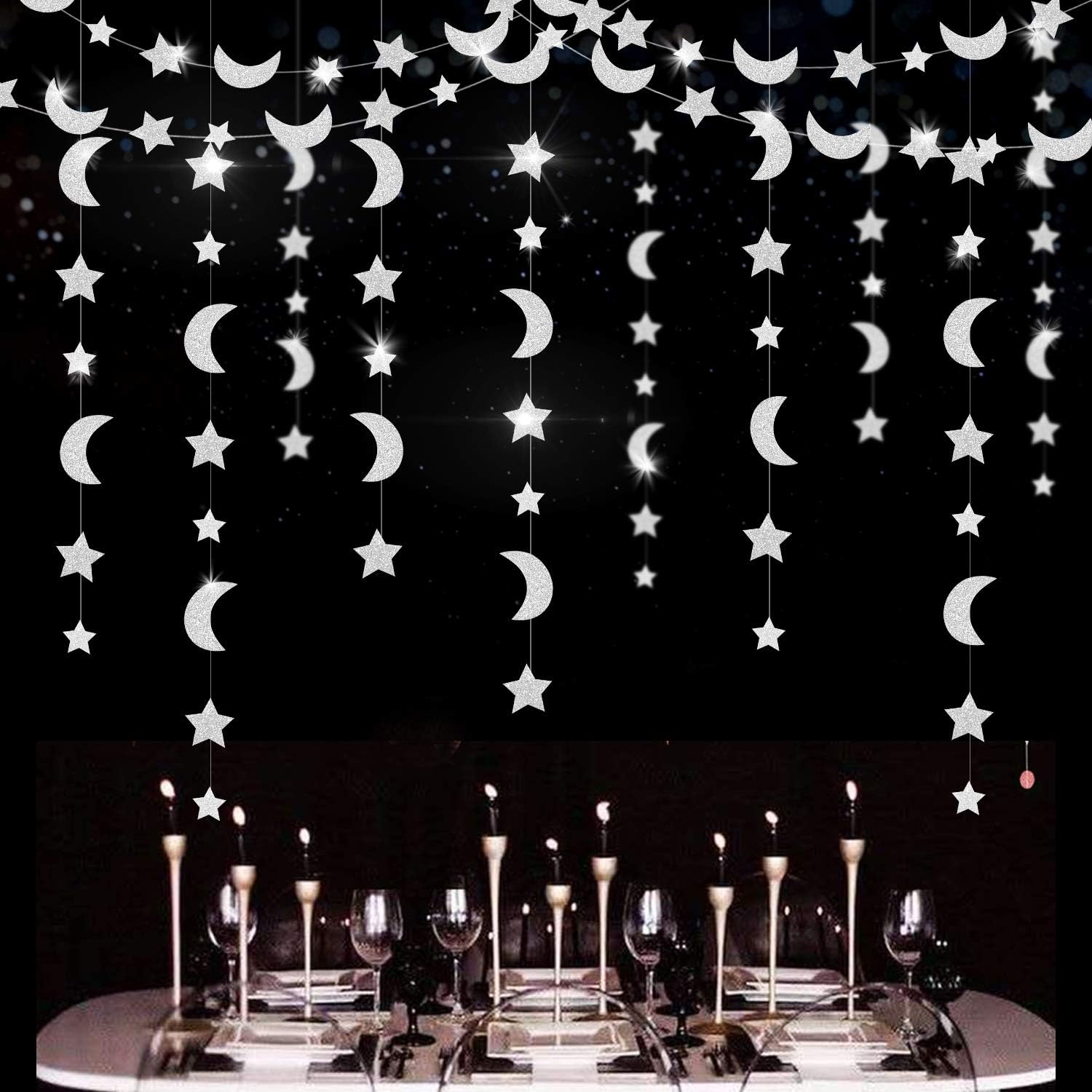 Furuix Silver le le Little Star Birthday /Baby Shower Decorations Moon and Star Garland Decorations Outer Space Birthday Party Decorations Glitter Silver Honey Moon Wedding Engagement