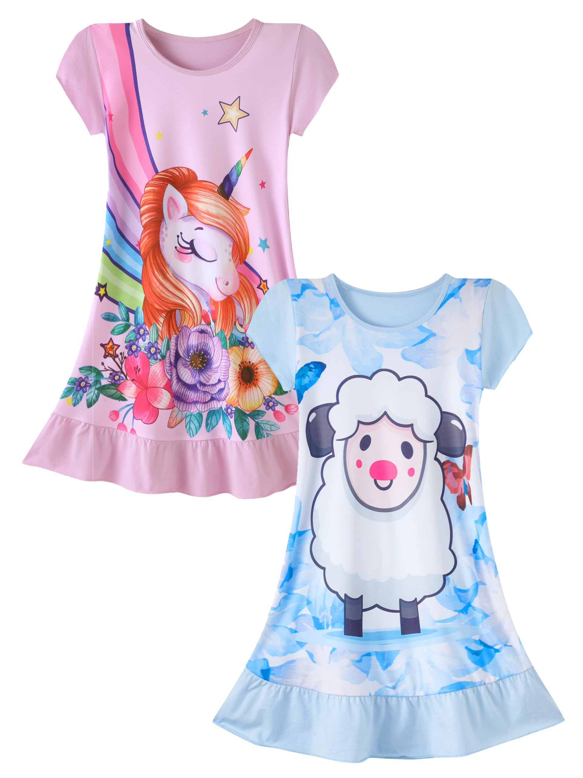 LOLPIP Nachthemden für Mädchen Kleid Kinder Nachthemden Einhorn Nachthemd 2er-Pack 3-10 Jahre