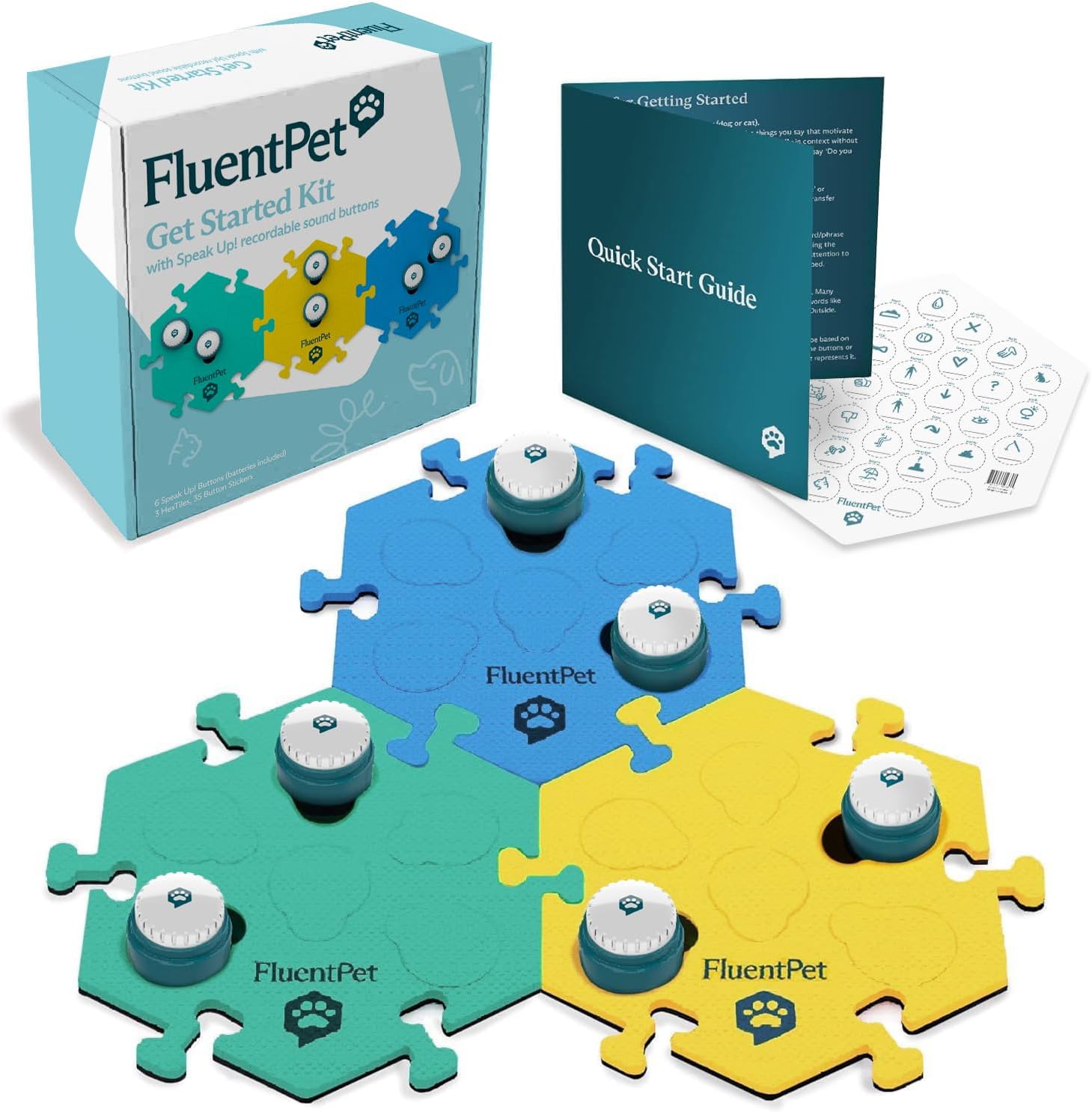 FluentPet Speak Up! Get Started Kit, 6 Recordable Buttons with Pre-Installed Batteries, 3 HexTile Mats, Pet Communication Training Device, 1.9x1.1 cm (6 Buttons + 3 HexTiles (Bold))