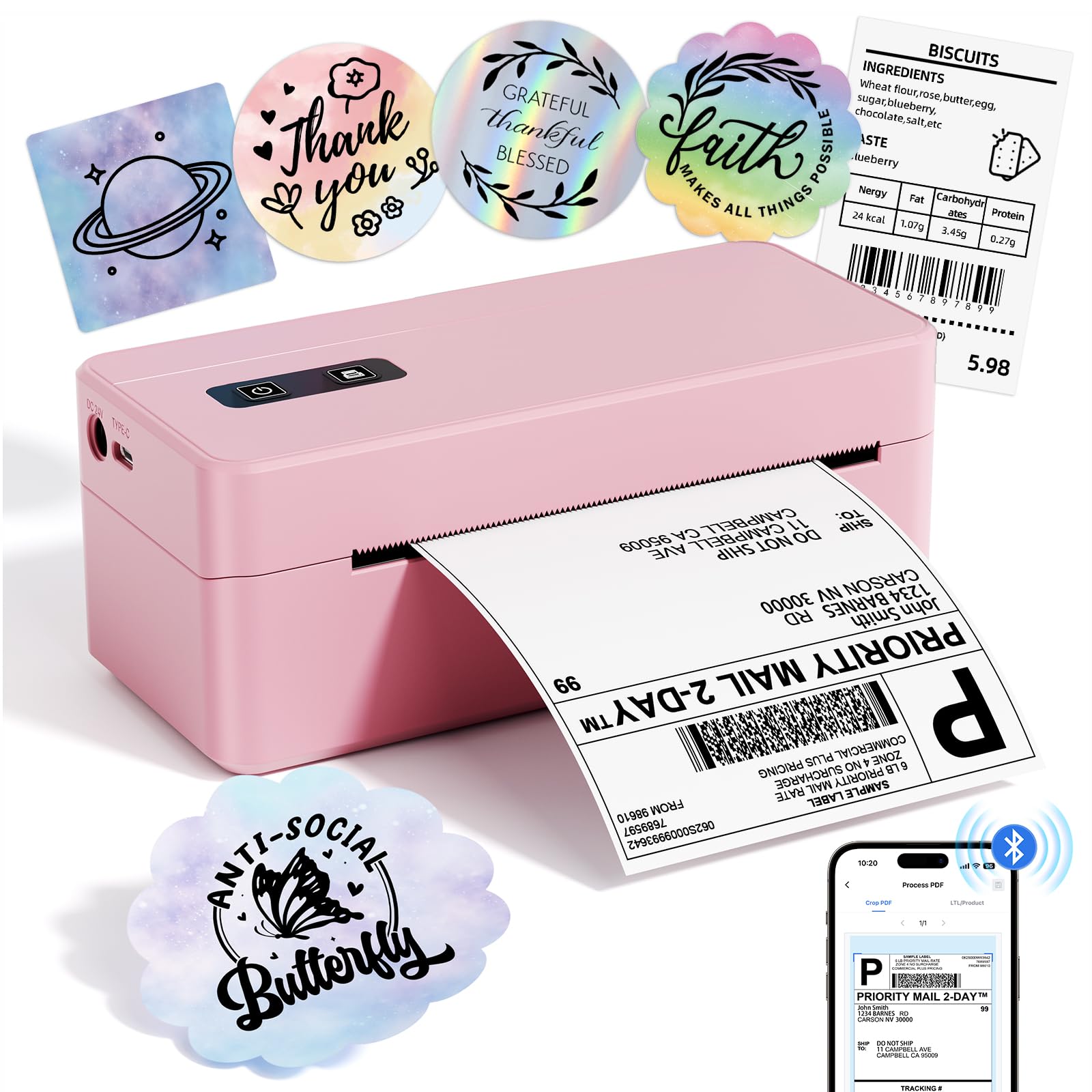 ASprink Bluetooth Postage Label Printer, 4x6 Thermal Shipping Label Printer for Small Business Compatible with Android, IOS