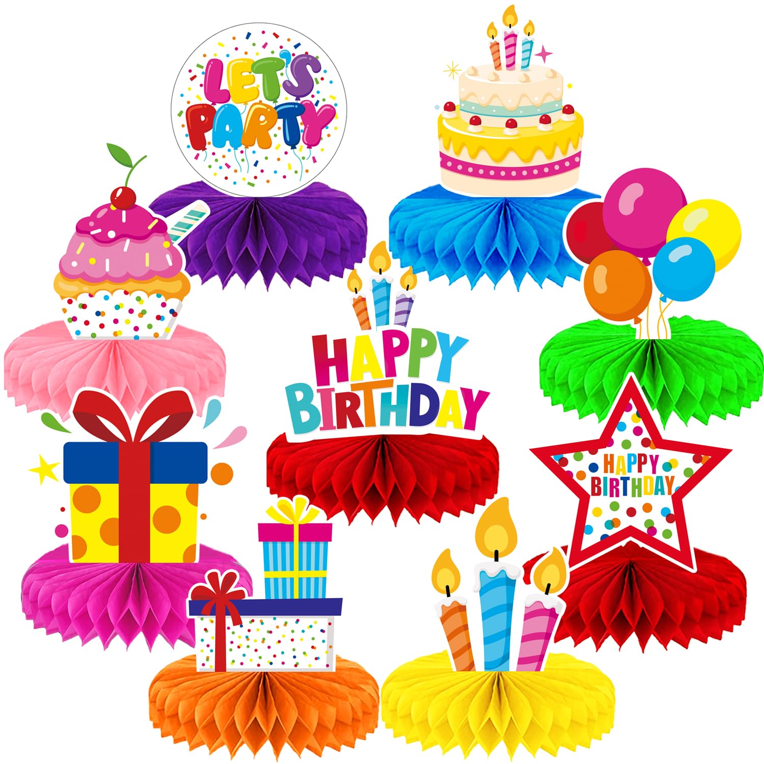 Birthday Table Decorations - 9 Pcs Colorful Happy Birthday Centerpieces for Tables Rainbow Honeycomb Centerpieces Table Toppers for Girls Boys Men