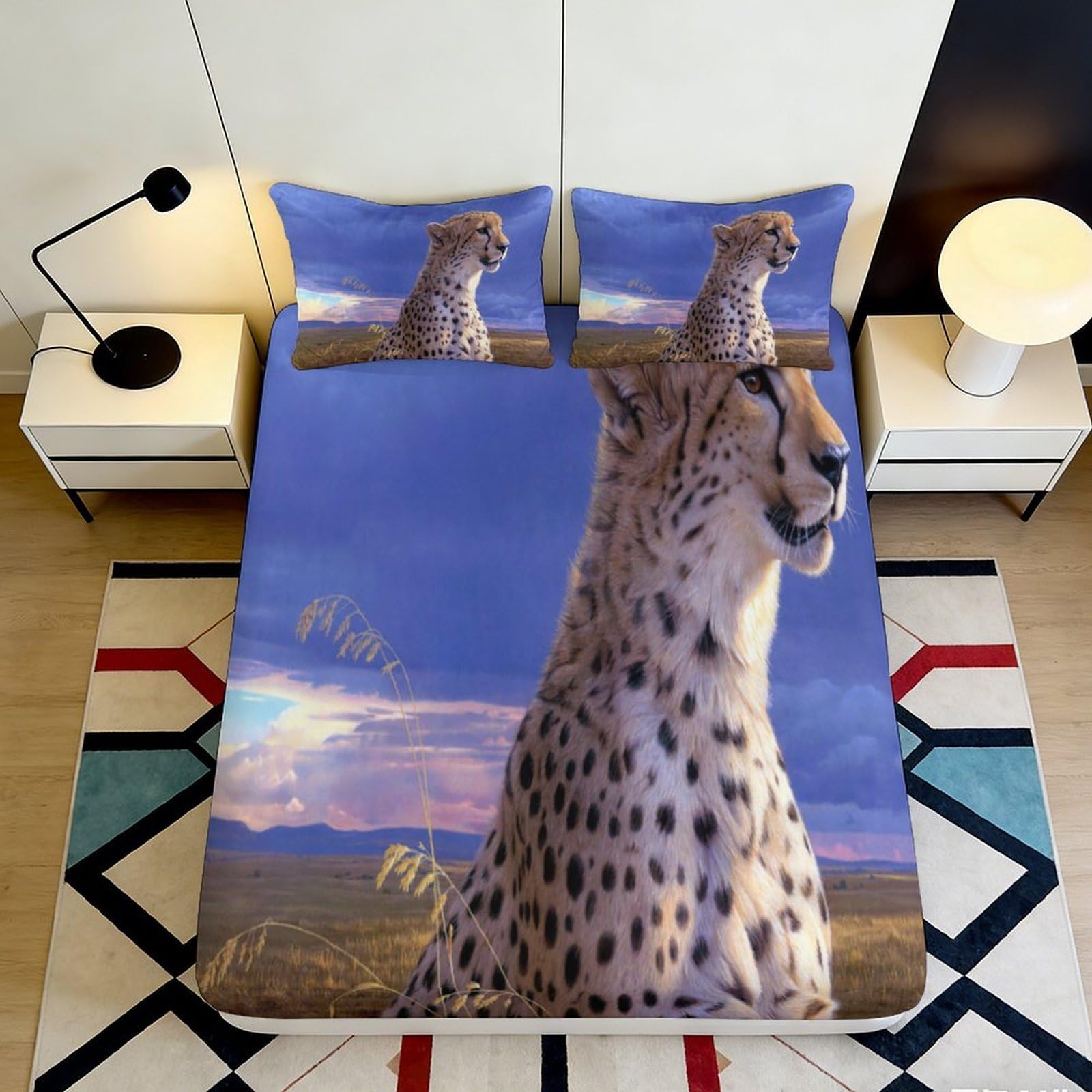 3D Printed Cheetah Savannah Fitted Sheet Microfiber Soft Anti-Slip Wild Animal Bed Cover for Bedroom Guest Room Decor 200x200x25cm