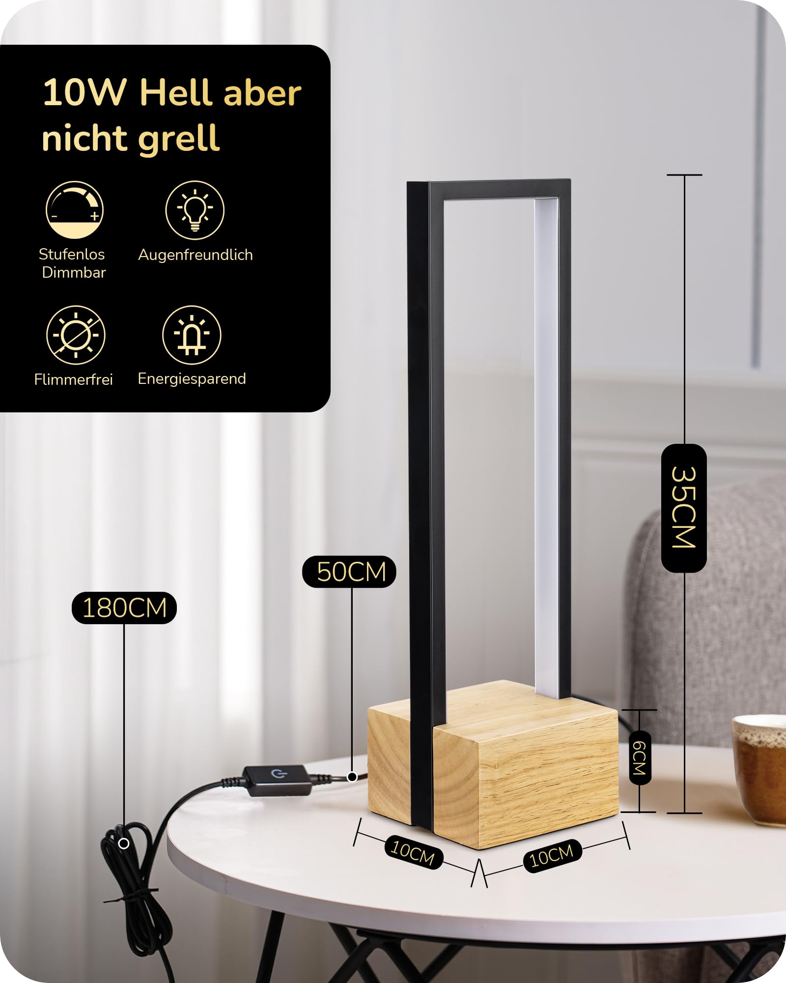 EDISHINE LED Tischlampe, Holzsockel, Touch-Dimmer, 3 Farbtemperaturen | 10 W Nachttischlampe mit Metallrahmen, Touch-Dimmer, 350 Lumen für Schlafzimmer, Wohnzimmer, 35 cm