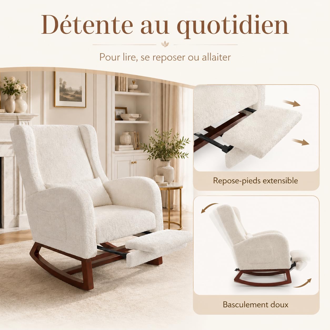Fauteuil à Bascule avec Repose-Pieds, Chaise à Bascule Fauteuil Relax a BascuLes Coussin Lombaire Rocking Chair avec Poche Latérale et Accoudoirs Chaise Bascules Chambre (Sherpa, Blanc cassé)