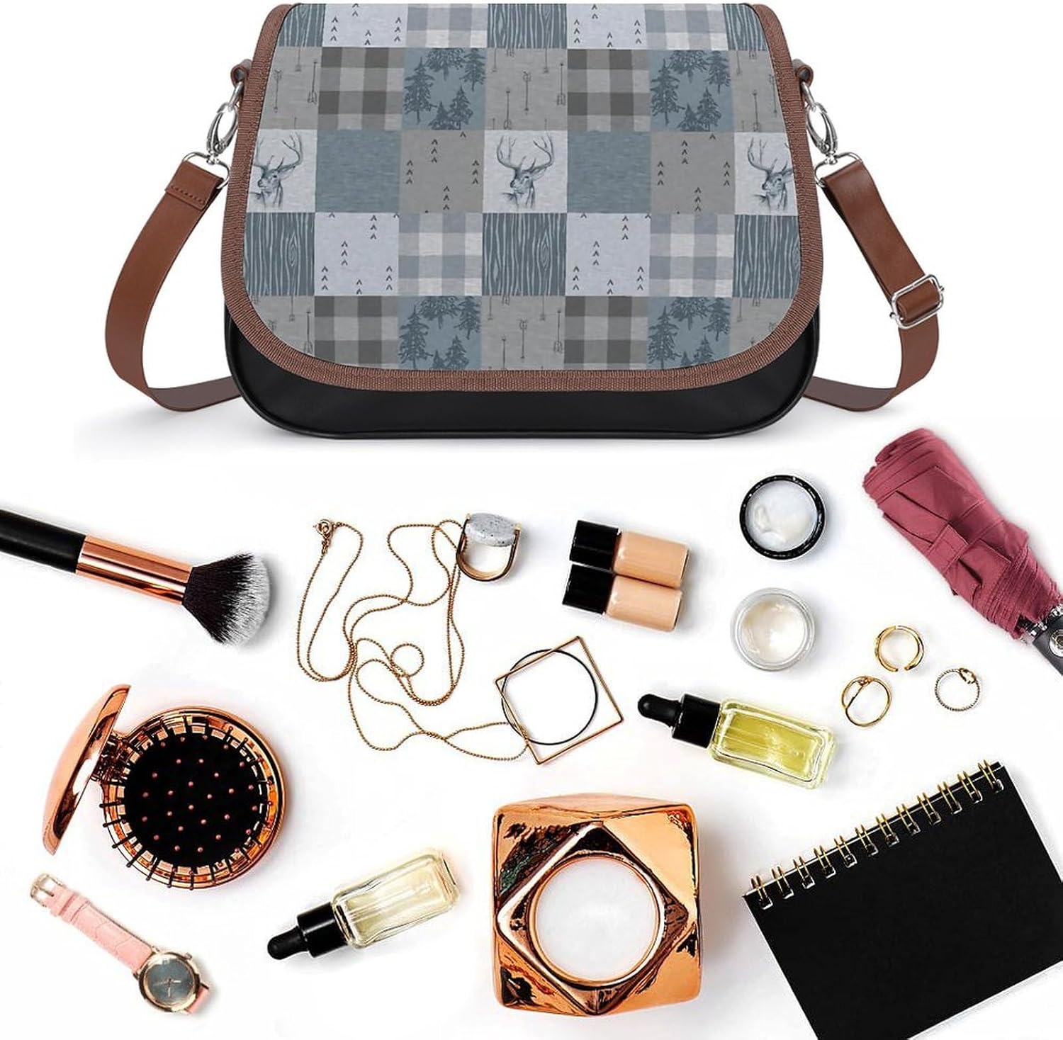 Deer Patchwork - Rustic Blue And GreyWomen's Faux Leather Crossbody Bag, Waterproof Wrinkle-Resistant Shoulder Bag with Detachable Strap, Large Capacity Casual Handbag, Fashion Daily Purse for Shoppin