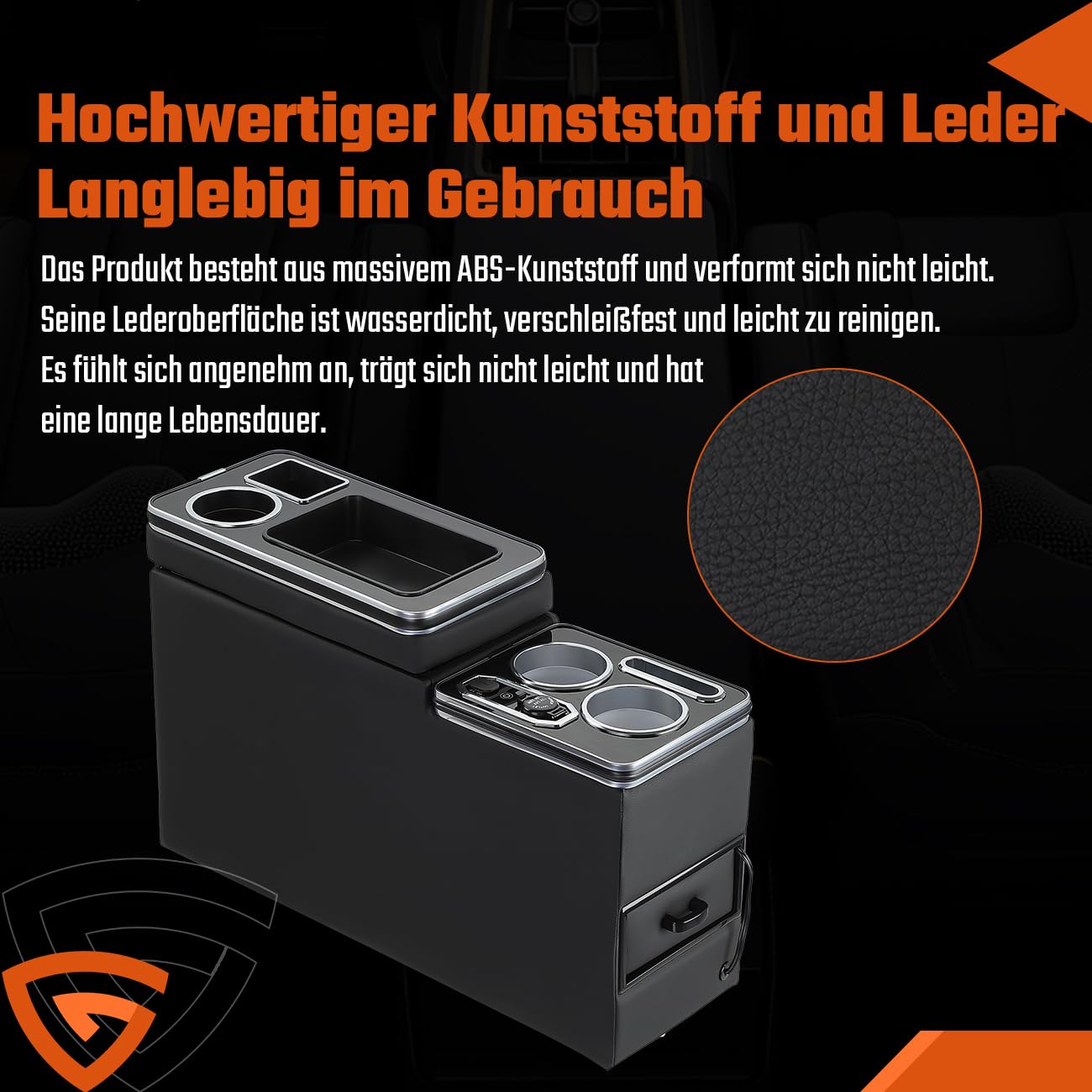 GEARMONSTER Mittelkonsole mit USB Aufladestation und Getränkehalter für VW T4 T5 T6 T6.1 T7 | 7-farbige Ambientebeleuchtung, Schwarzes Kunstleder mit Chrom-Zierleisten, Zigarettenanzünder, Praktischer Taschentuchhalter