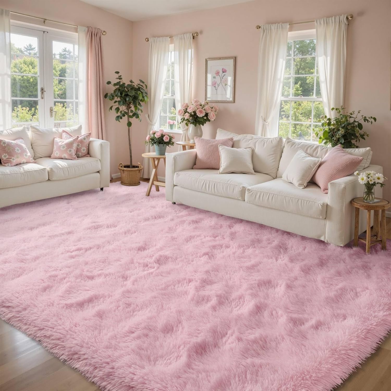 9x12ft Pink Fuzzy Rug for Living Room Soft Fluffy Bedroom Area Rugs Non-Slip Shaggy Carpet for Nursery Kids PlayRoom Dorm Office Indoor 1.7'' Thick Modern Plush Carpet Girls