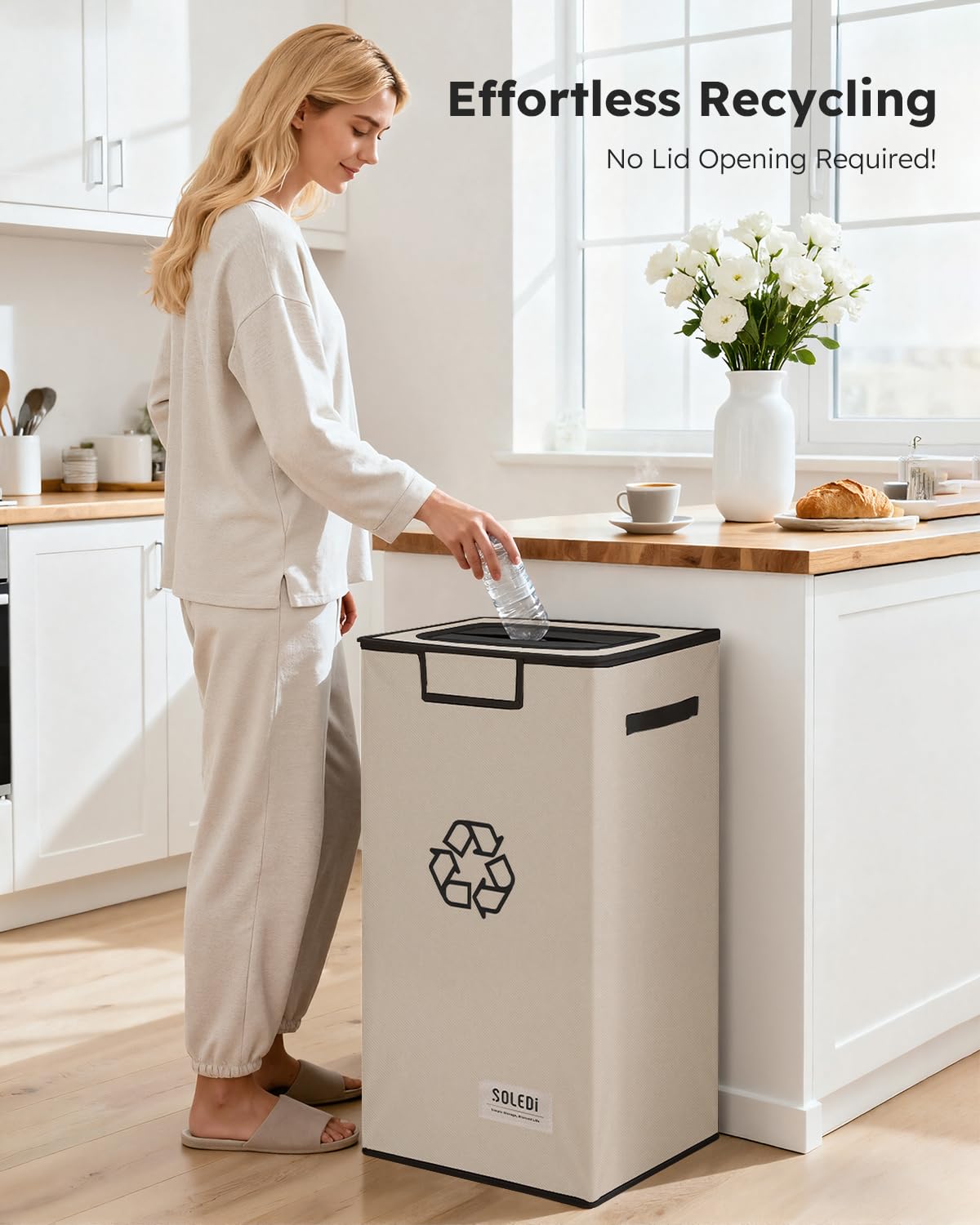 SOLEDI Recycling Bin for Kitchen,26 Gallon Large Recycle Bin with Lid and 2 Removeable Reusable Inner Bags,Indoor Recycling Trash Can for Collector of Bottles Cans, and Plastic,Beige