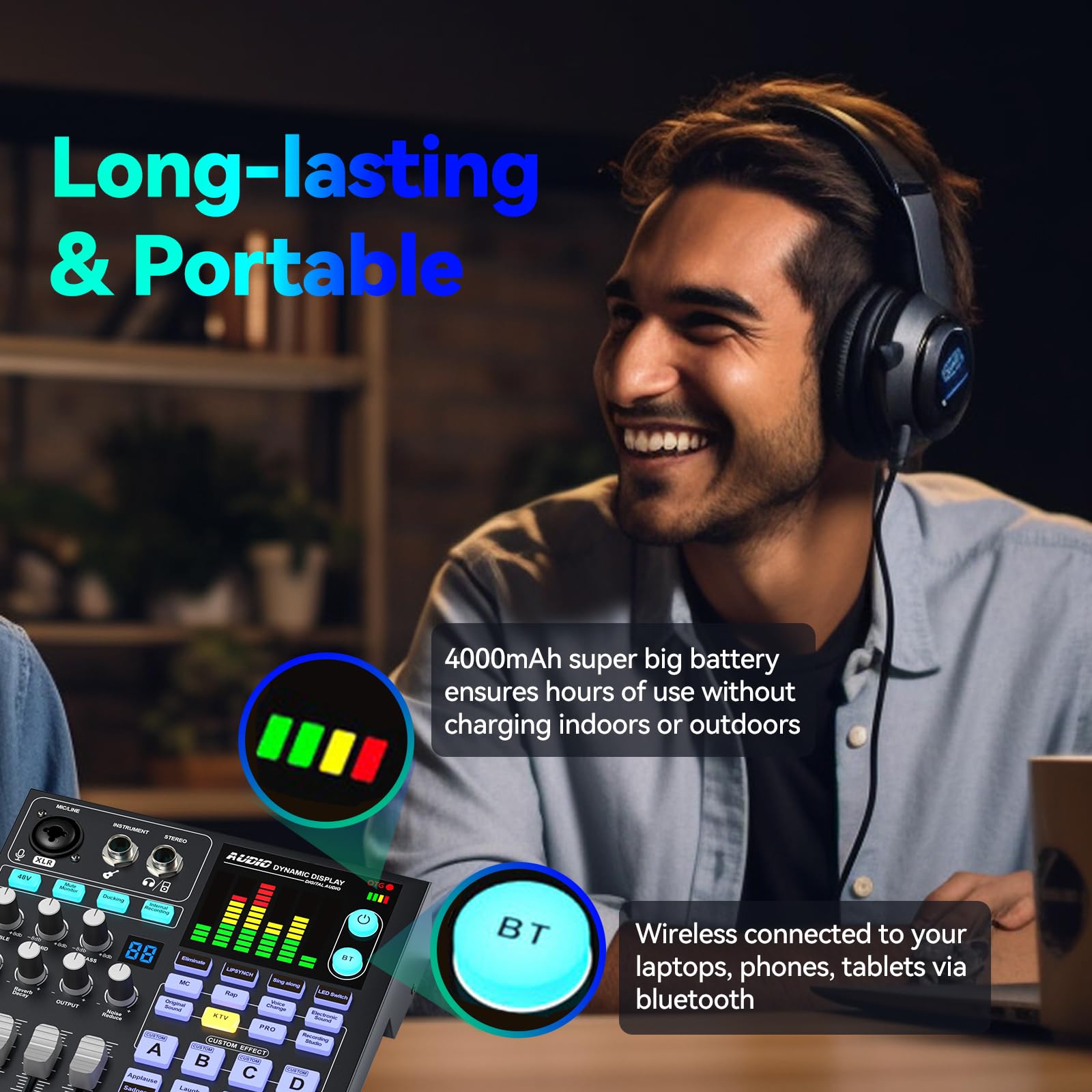 Scheda audio, mixer audio DJ con DSP, ingresso XLR, batteria integrata, scheda effetti sonori per live streaming, podcasting