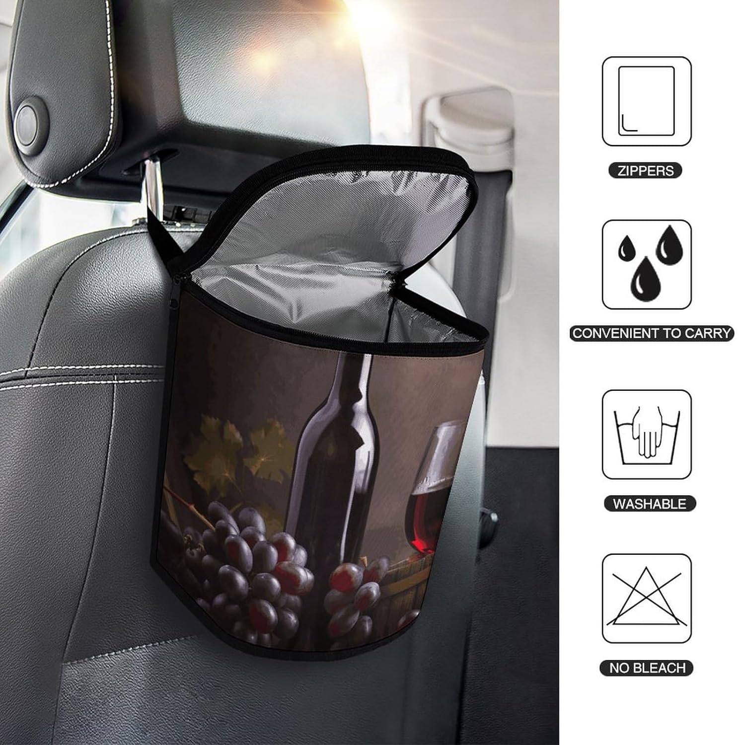 Hanging Car Trash Bag Grape Wine Printed Car Garbage Storage Bag Leakproof Car Trash Can Portable Garbage Storage Bags