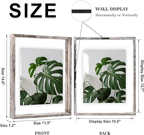 Miniatura 2 de Egofine Juego de 2 marcos flotantes de color blanco envejecido de 11 x 14 pulgadas, marco de fotos de doble cristal, hecho de madera maciza, fotos
