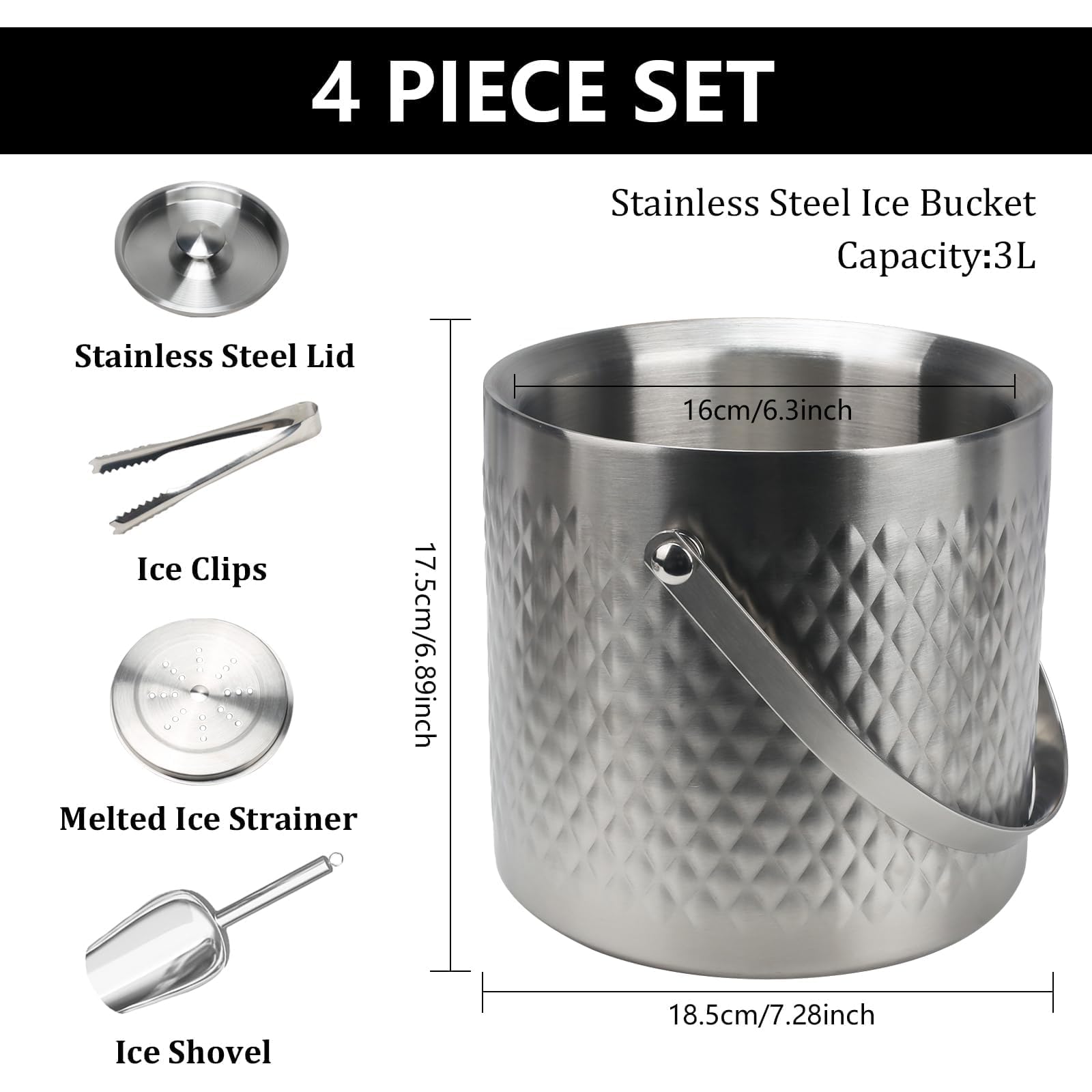 3L Secchiello Ghiaccio Vino Ghiaccio per Cocktail Porta Ghiaccio A Doppia Parete in Acciaio Inox Secchiello per Ghiaccio A Diamante con Coperchio Paletta Pinze e Colino