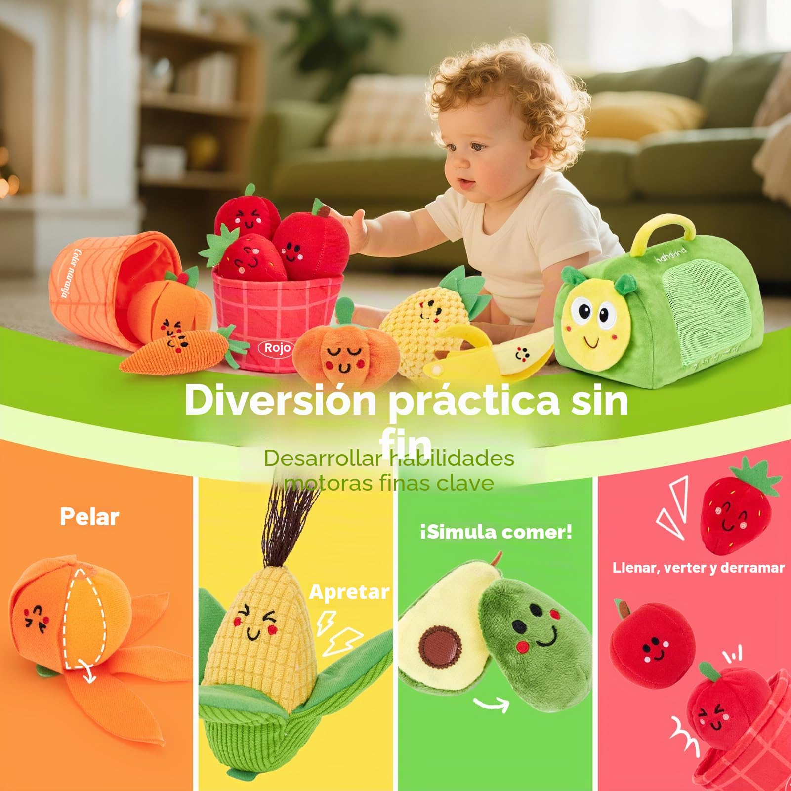 hahaland Peluches de Frutas y Verduras, Juguetes Bebes 6-12 Meses con Sonajas y Cesta y Bolsa-Oruga, Juguetes Montessori Educativos para Bebé 9 12 18 Meses, Regalo Juguetes Niños 1 Año