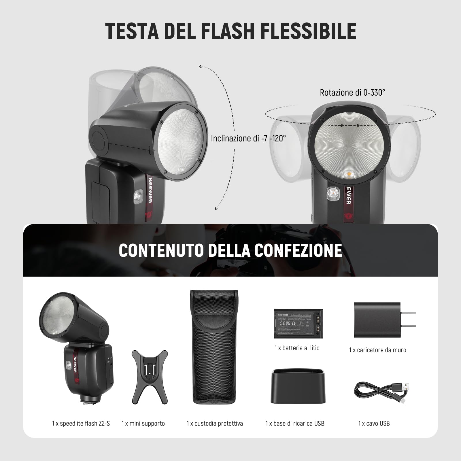 NEEWER Z2-S Flash Speedlite TTL a Testa Rotonda 2,4G 76W per Sony, UI Migliorata, 2 Luci Pilota Regolabili,Tasto TCM per Cambio Rapido TTL/M,HSS 1/8000s,Batteria 7,4V/2600mAh,480 Flash a Piena Potenza