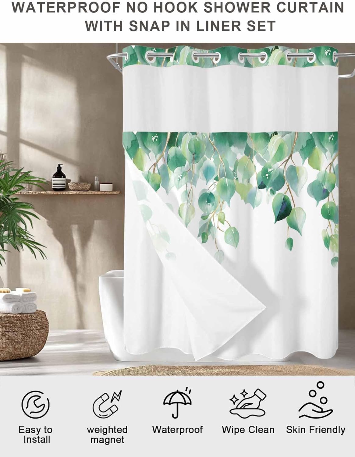 No Hook Shower Curtain with Snap in Liner, Farm Green Eucalyptus Leaves on White Waterproof Bath Curtain Double Layers with See Through Top Window, Summer Botanical Hotel Shower Curtains 72x72IN