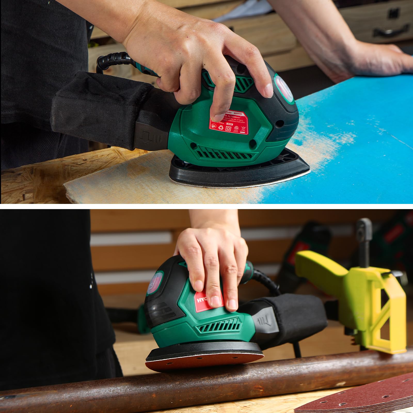 HYCHIKA Ponceuse Bois, 200W 14000RPM Ponceuse Electrique avec 12pcs Papier de Verre& Collecte de Poussière, Idéale pour Angles et Bords, Métal et Bois