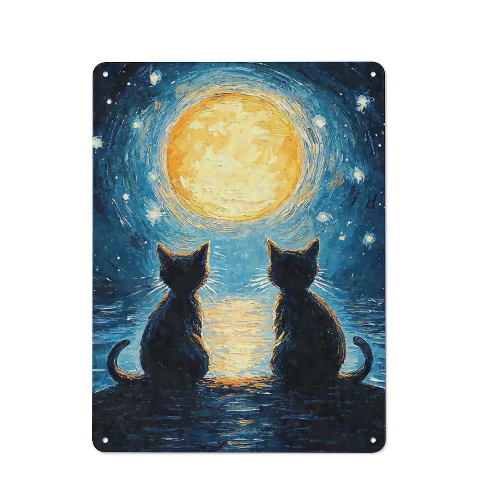 Junmoney Style-20 Cats Moon Starry Night Tin Sign 40X30cm, Creative Studio Wall Plaque For Hobby Room, Office, Lounge Or Living Room