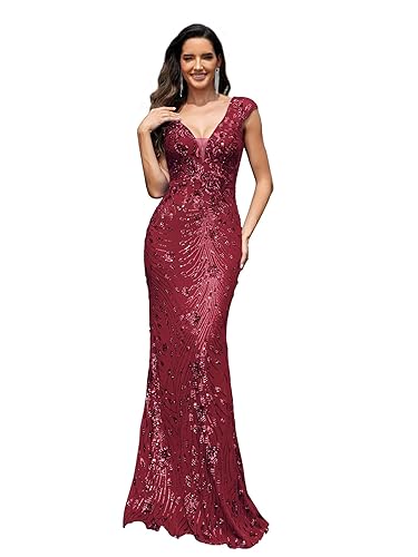 Womens Sequined Long Evening Gown Glamous Sleeveless V-Neck Mermaid Prom