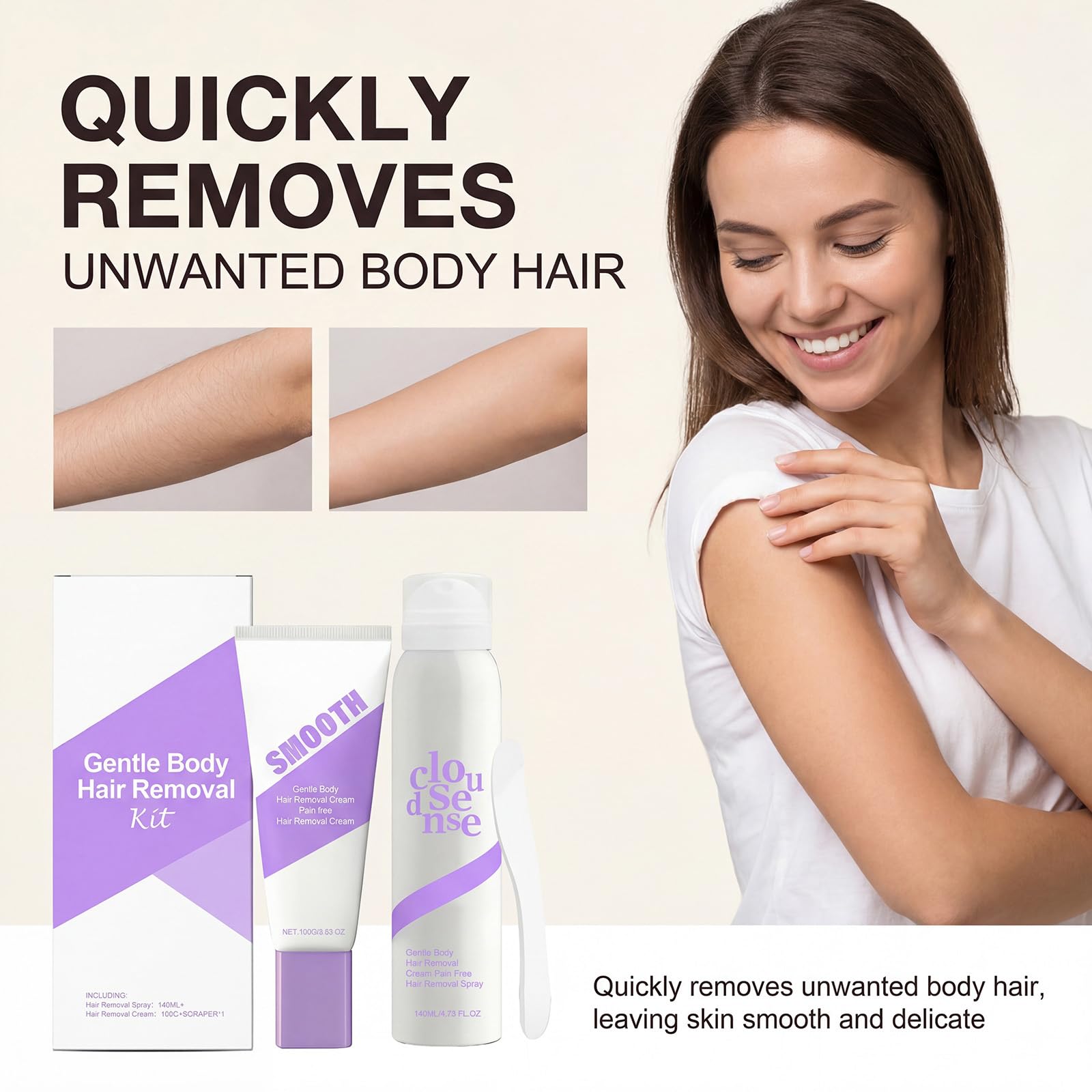 Cloud Sense spray do depilacji i delikatny, bezbolesny krem do depilacji, nawilżający i uspokajający, jedwabisty zestaw do usuwania włosów dla wrażliwej skóry, nóg, ramion, strefy bikini (5 szt.)