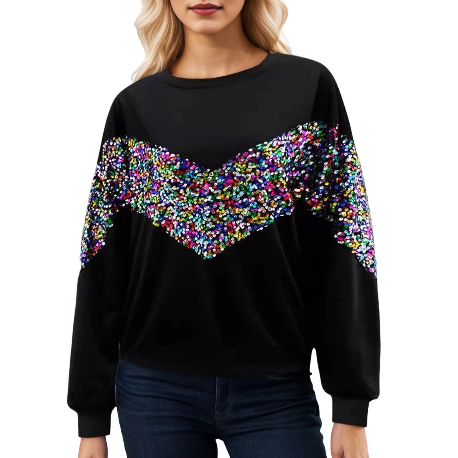 Sudadera Mujer Sin Capucha，Sudadera Mujer Cuello Manga Larga con Lentejuelas Ropa Informal Otoño Invierno