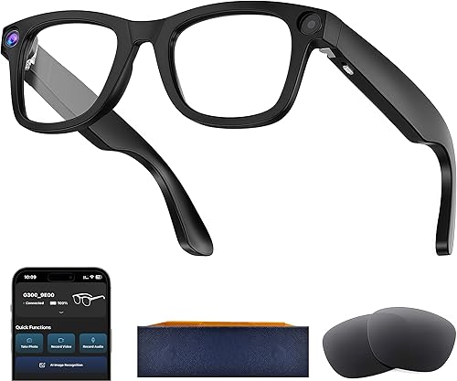 Lentes inteligentes AI con cámara, gafas de cámara HD de 8 MP para hombres, mujeres, gafas de grabación AI con asistente de voz, audio de oído Negro