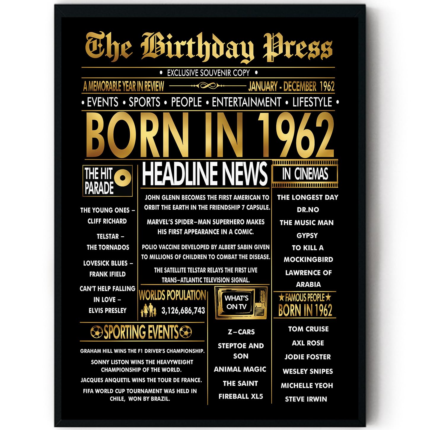 Stuff4 Gold 64th Birthday Poster Framed - Golden Born In 1962 Newspaper - Happy 64 Birthday for Men Women Retro Vintage Gifts Back In 1962, 8x10 Inch Bday Party Decor Decoration