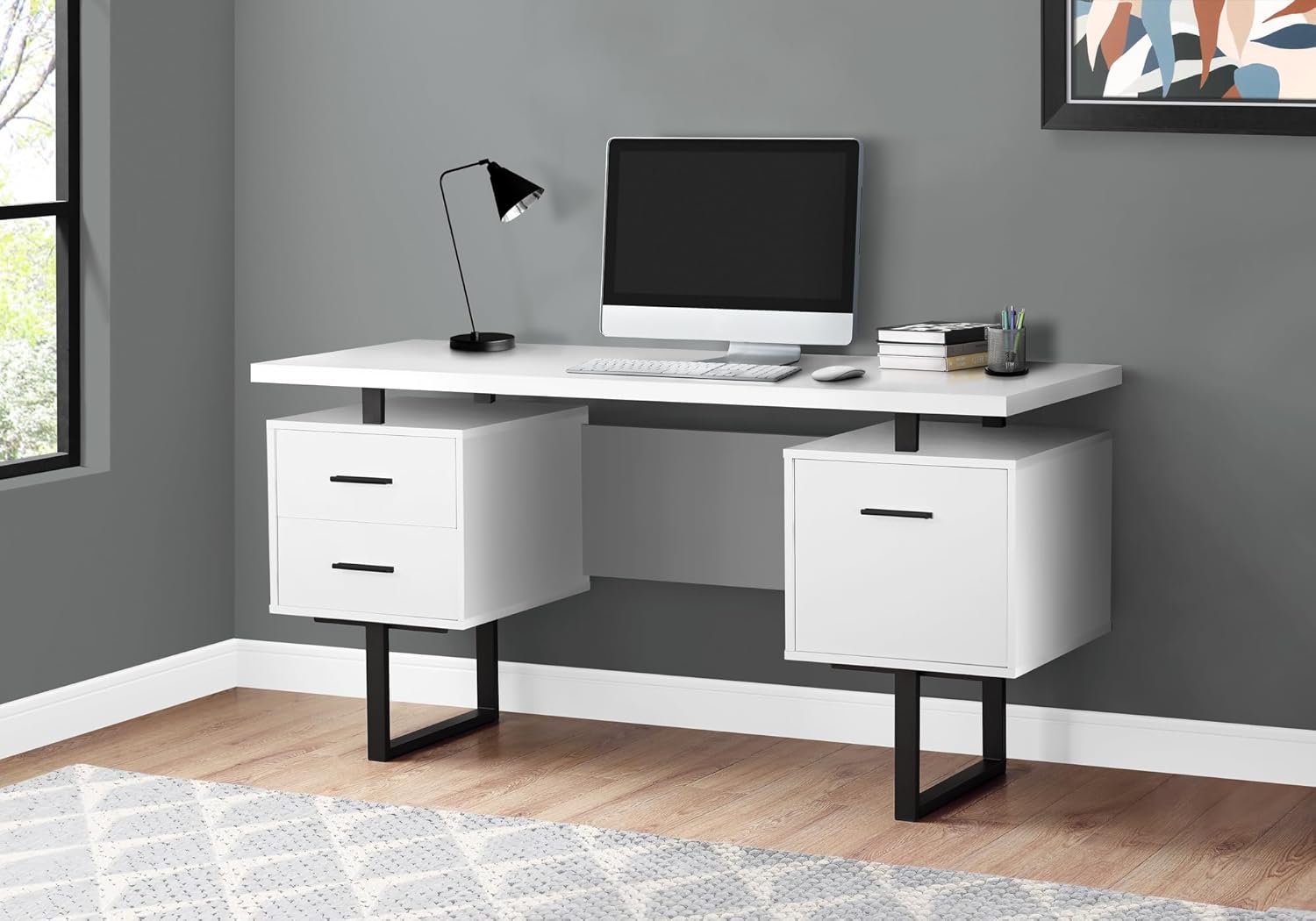Monarch Specialties I 7631 Computer Desk, Home Office, Laptop, Left, Right Set-up, Storage Drawers, 60" L, Work, Metal, Laminate, White, Black, Contemporary
