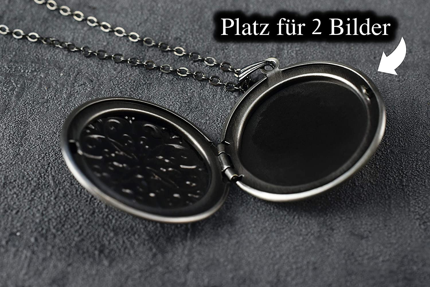 MadamLili - Personalisierbare Kette Foto Medaillon Amulett Aufklappbar - Kostenloser Fotoservice - Alt Silber Optik - Kette 70cm - Handgefertigt - Gravur Schmuck - Namenskette - Exklusive Schmuckbox