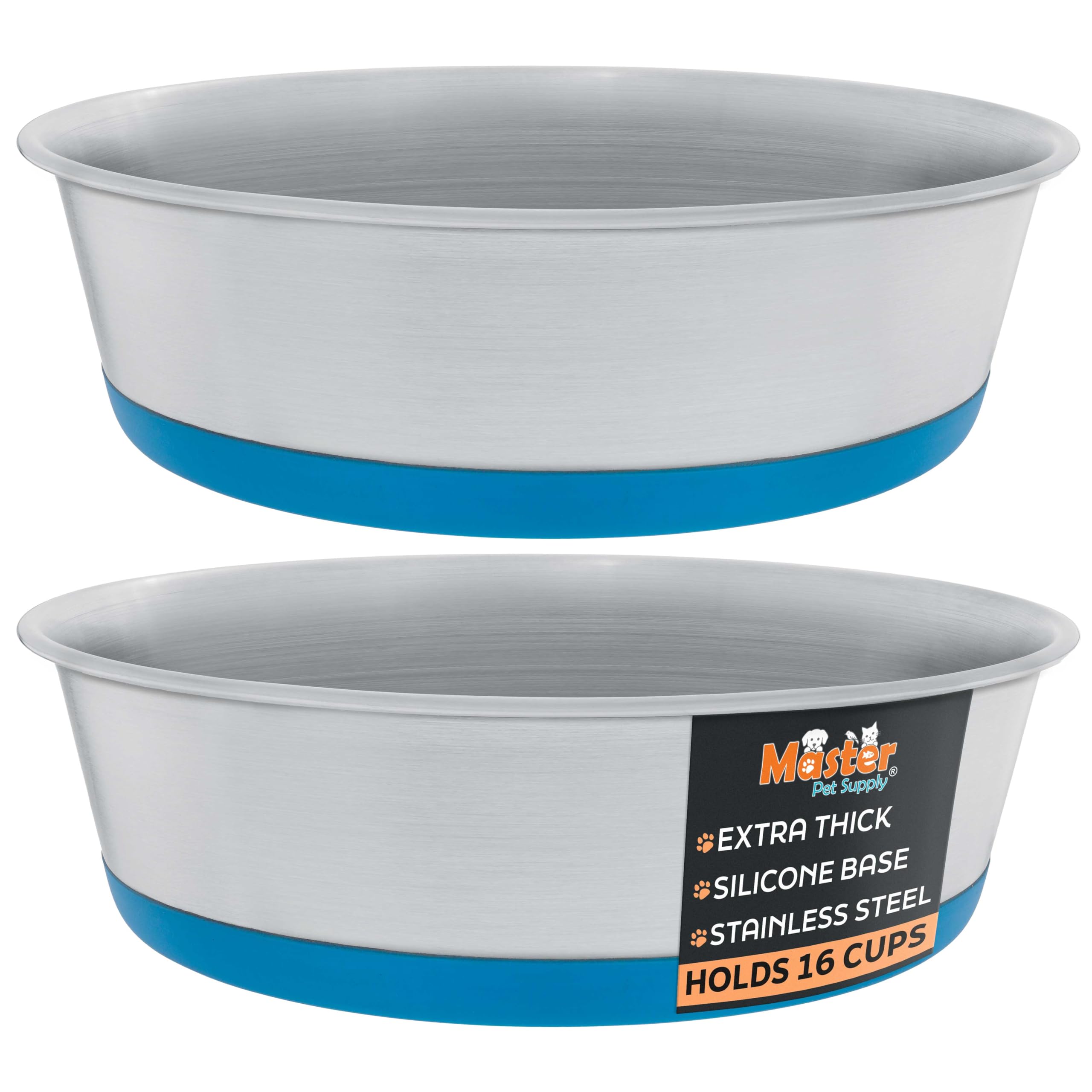 Master Pet Supply Stainless Steel Dog Bowls Set of 2 with Extra Thick Silicone Base - 16 Cup (128 oz) True Blue, Non-Slip, Dishwasher Safe Metal Bowls, Pet Dog Food Bowl for Dogs, Cats, Anti Rust