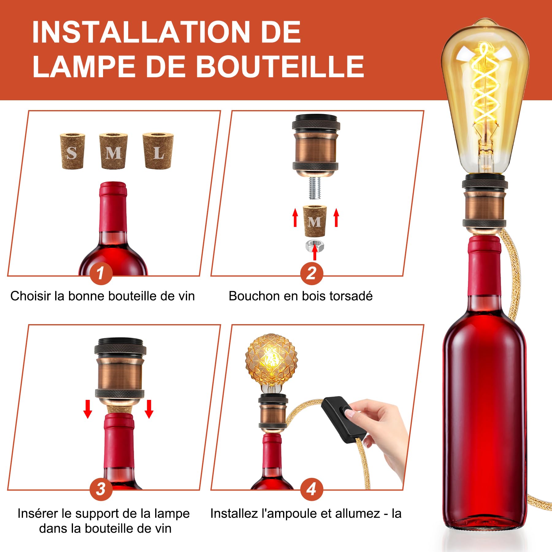 2PCS Kit Lampada Bottiglia, Portalampada E27 con Cavo di Canapa da 240CM, Supporto per Lampada Bottiglia, 3 Tappi Flessibili, Adattatore per Bottiglia per Portalampada, Può Fare da Paralume, Rosso