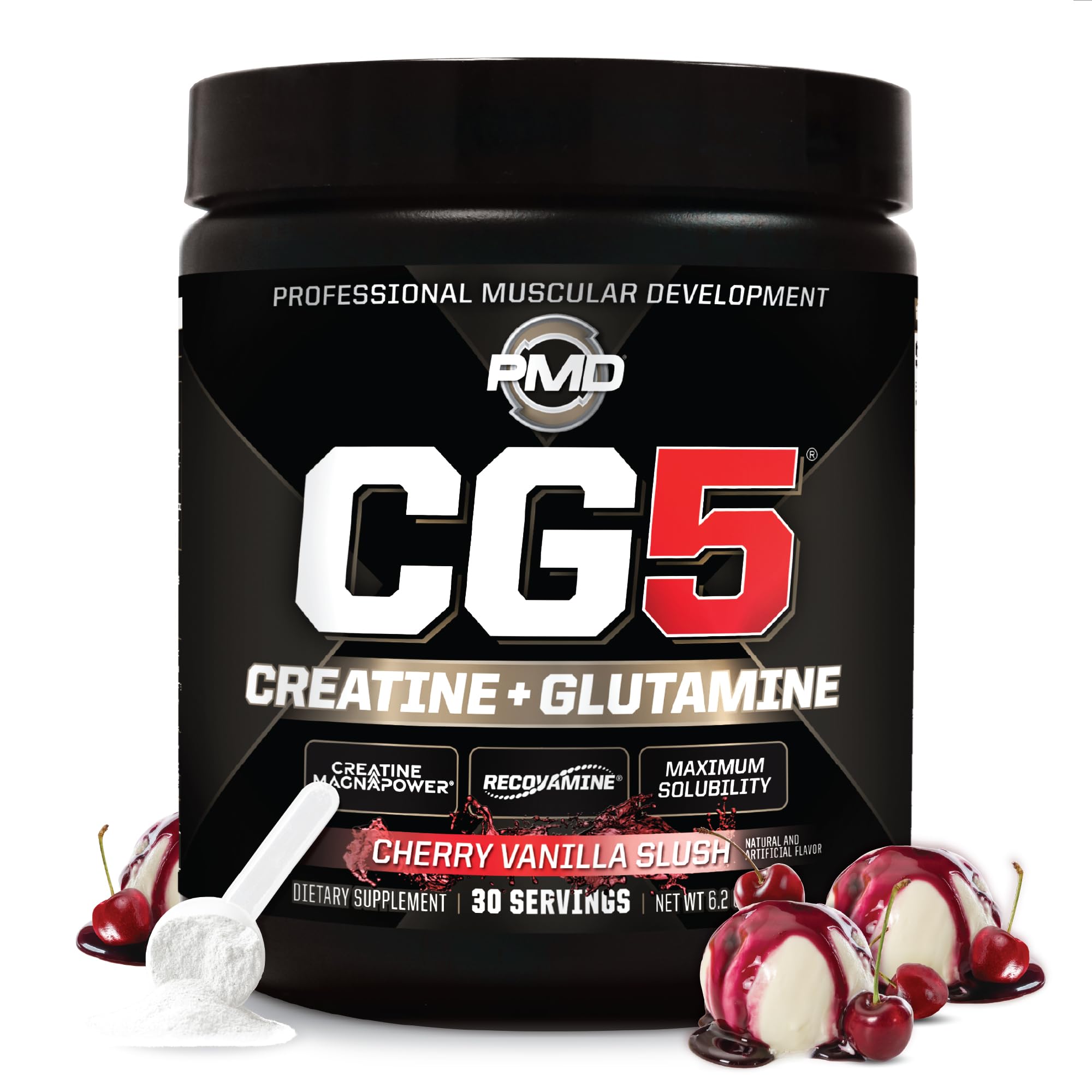 PMD Sports CG5 - Premium Creatine and L Glutamine Powder - Maximum Strength Power Recovery, Build Lean Muscle, Increase Performance - Pre-Workout and Post Workout - Cherry Vanilla Slush (30 Servings)
