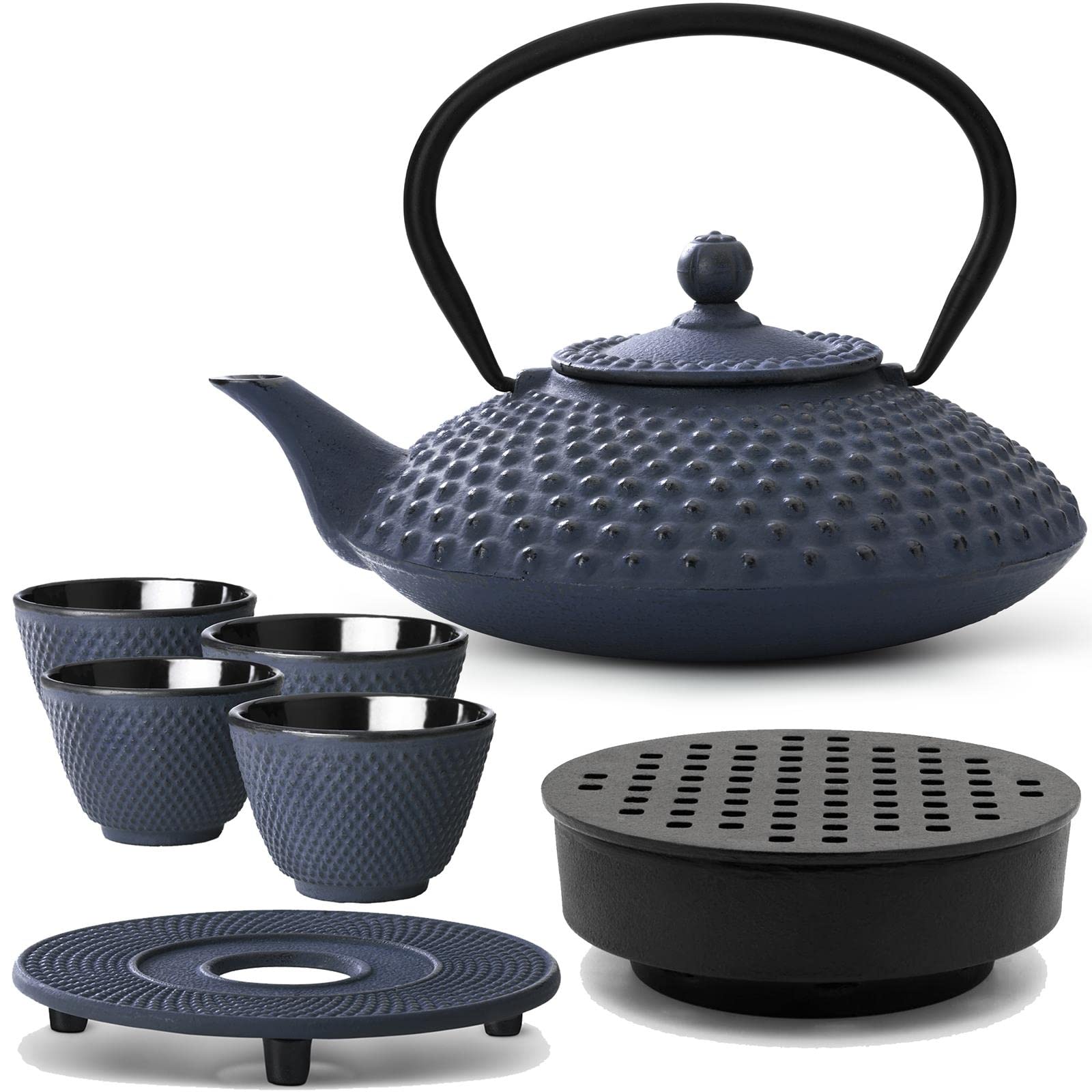 Bredemeijer Gusseisen Asia Teekanne Set 1.25 Liter - flacher blauer Teekessel mit Edelstahl Tee-Filter Sieb-Einsatz für losen Tee & Untersatz & Teewärmer & 4 Teetassen (Becher)