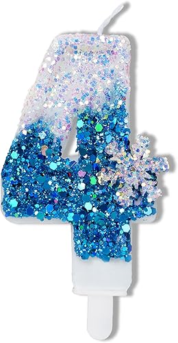 Velas de cumpleaños azules 4, velas de cumpleaños número 4 con purpurina azul y blanca con suministros de fiesta de copo de nieve