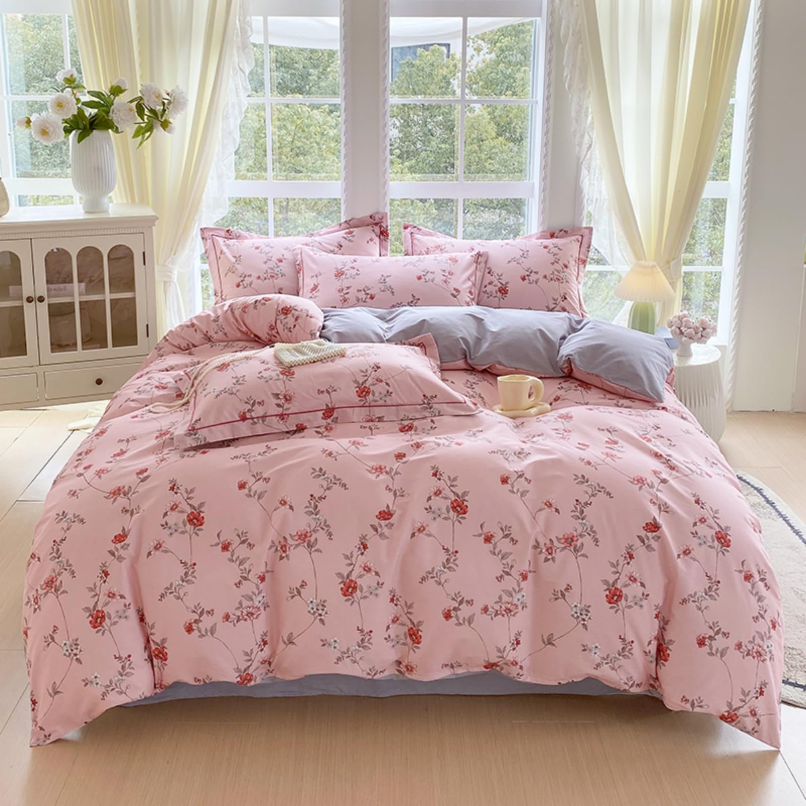 USTIDE Pink Floral Duvet Cover Set Double Size, Soft Cotton Blend Bedding with Pillowcases, Vintage Red Flower Botanical Print Quilt Cover, Breathable Washable Bed Linen for Bedroom Decor — image 1