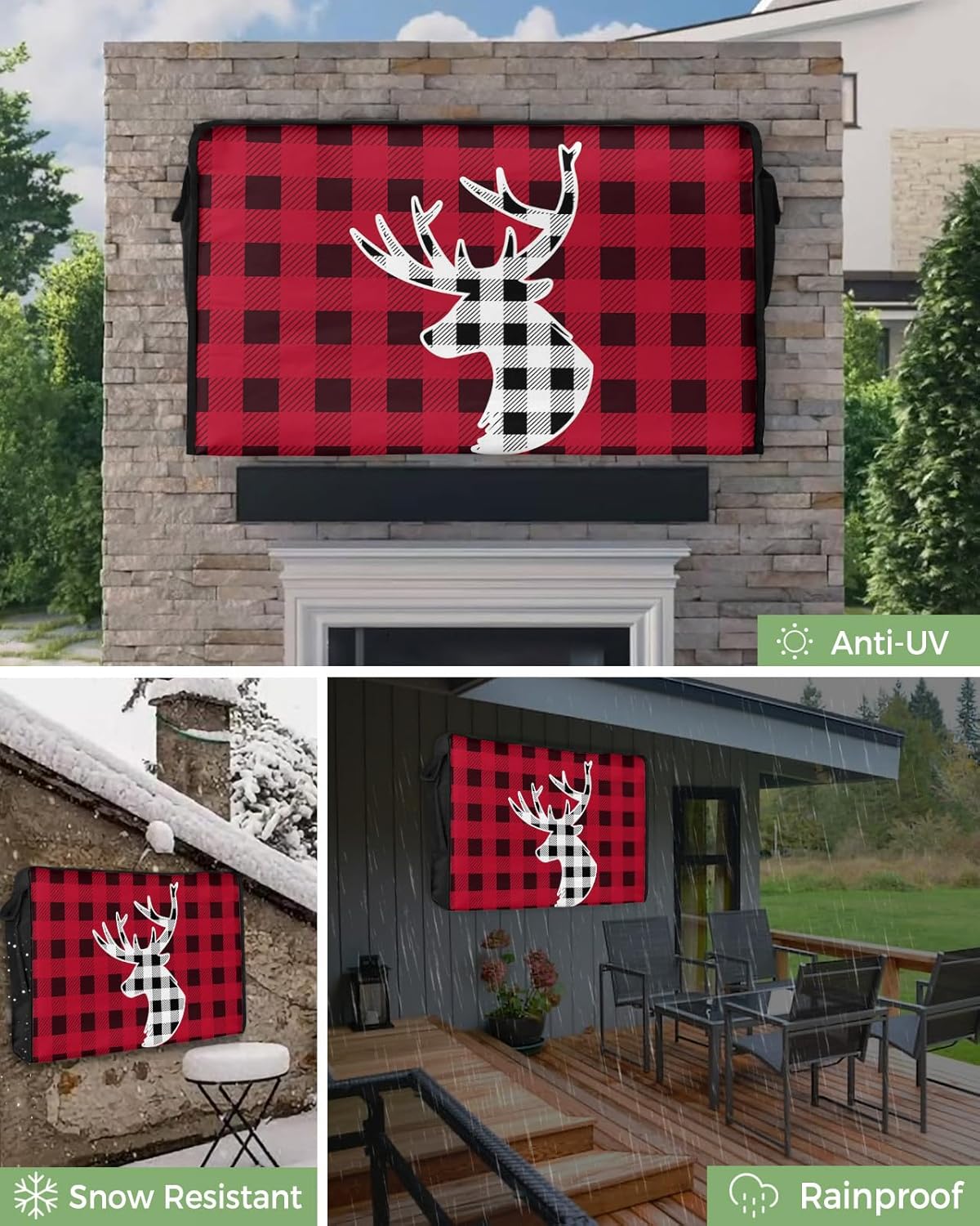 Outdoor TV Cover - Black and Red Plaid Forest Animal Deer Head Waterproof and Weatherproof 30"-32" LCD Movable Shield TV Display Screen Protector Outside Television Covers