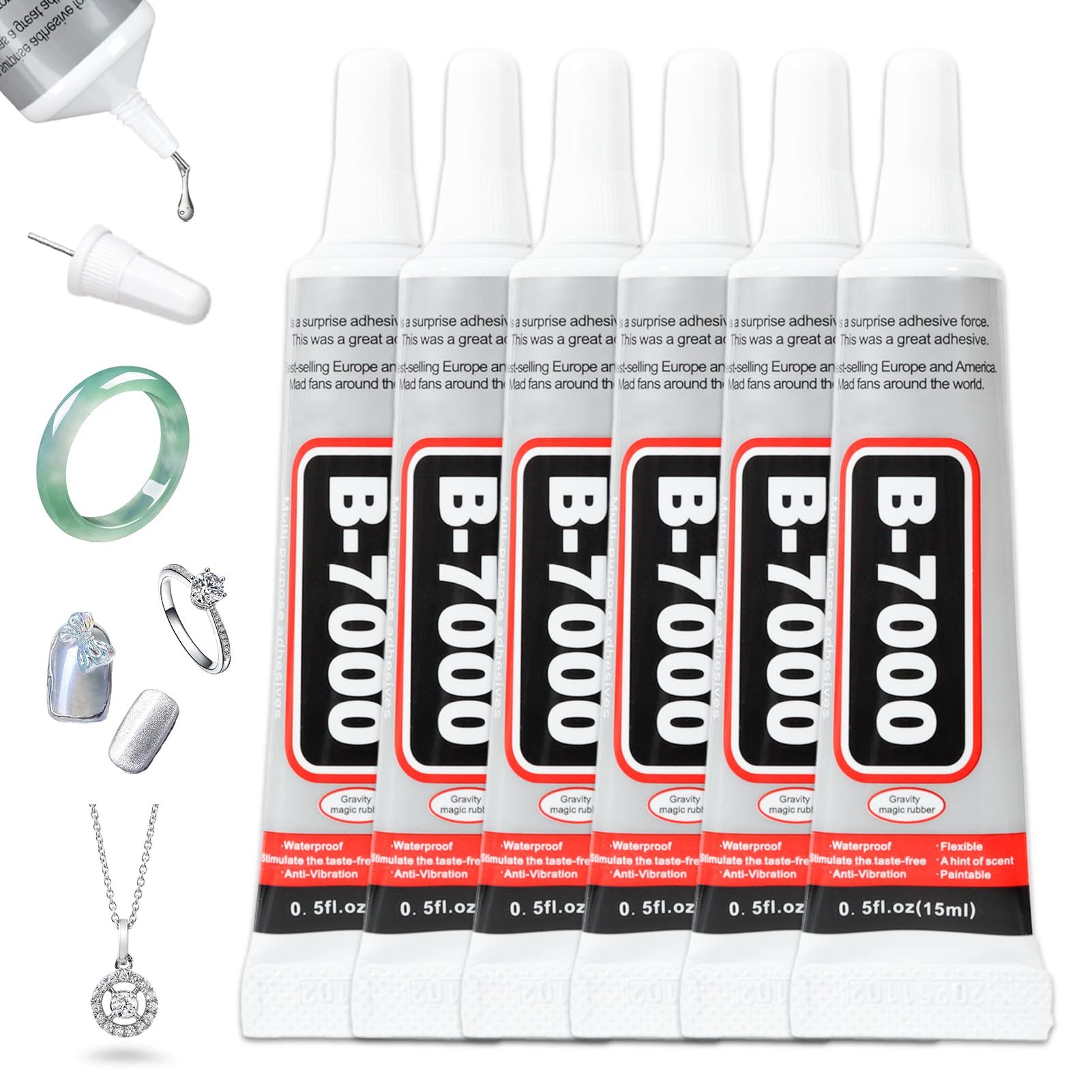 15ML B7000 Jewelry Glue, 6PCS Super Rhinestone Glue, B-7000 Clear Craft Glue for Jewelry Making, Multi-Function Bedazzling Glue for Clothes, Fabric, Cell Phones, Rubber, Wood, Leather, Rhinestones