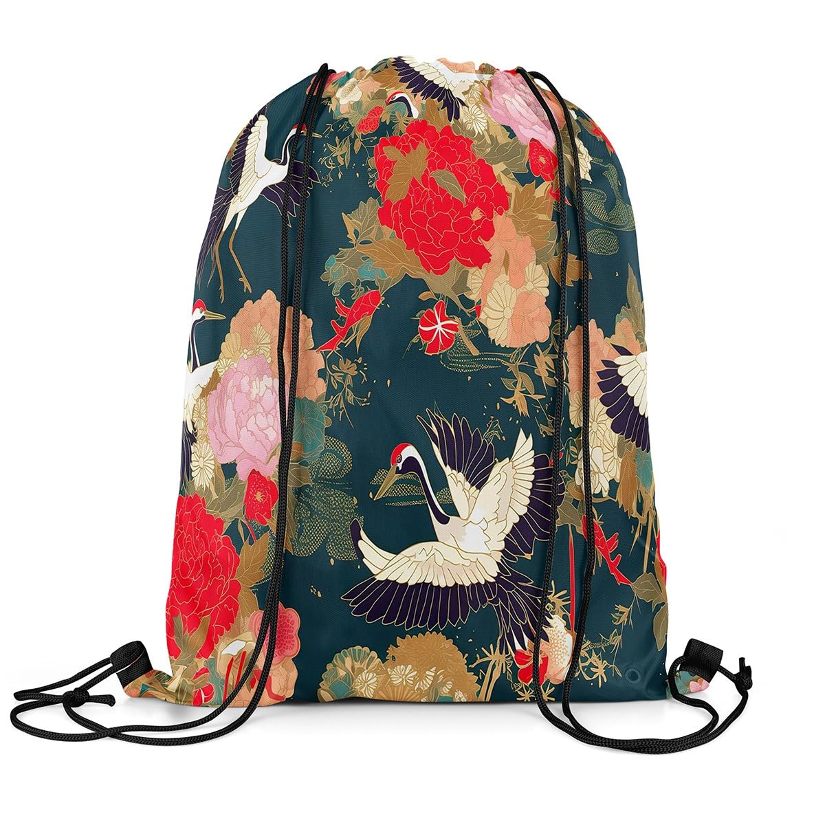 Loussiesd Japanese Style Drawstring Backpack 40x33cm for Crane Animals Drawstring Bags Flower Sports Drawstring Sackpack Floral Botanical Waterproof Cinch Bag