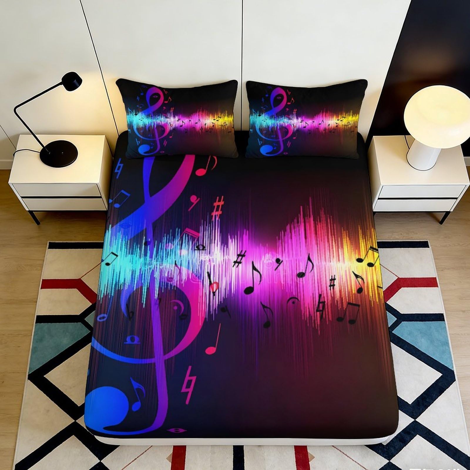 3D Printed Colorful Music Wave Fitted Sheet Microfiber Soft Bedroom Decor Musical Notes Mattress Cover 90x200x25cm