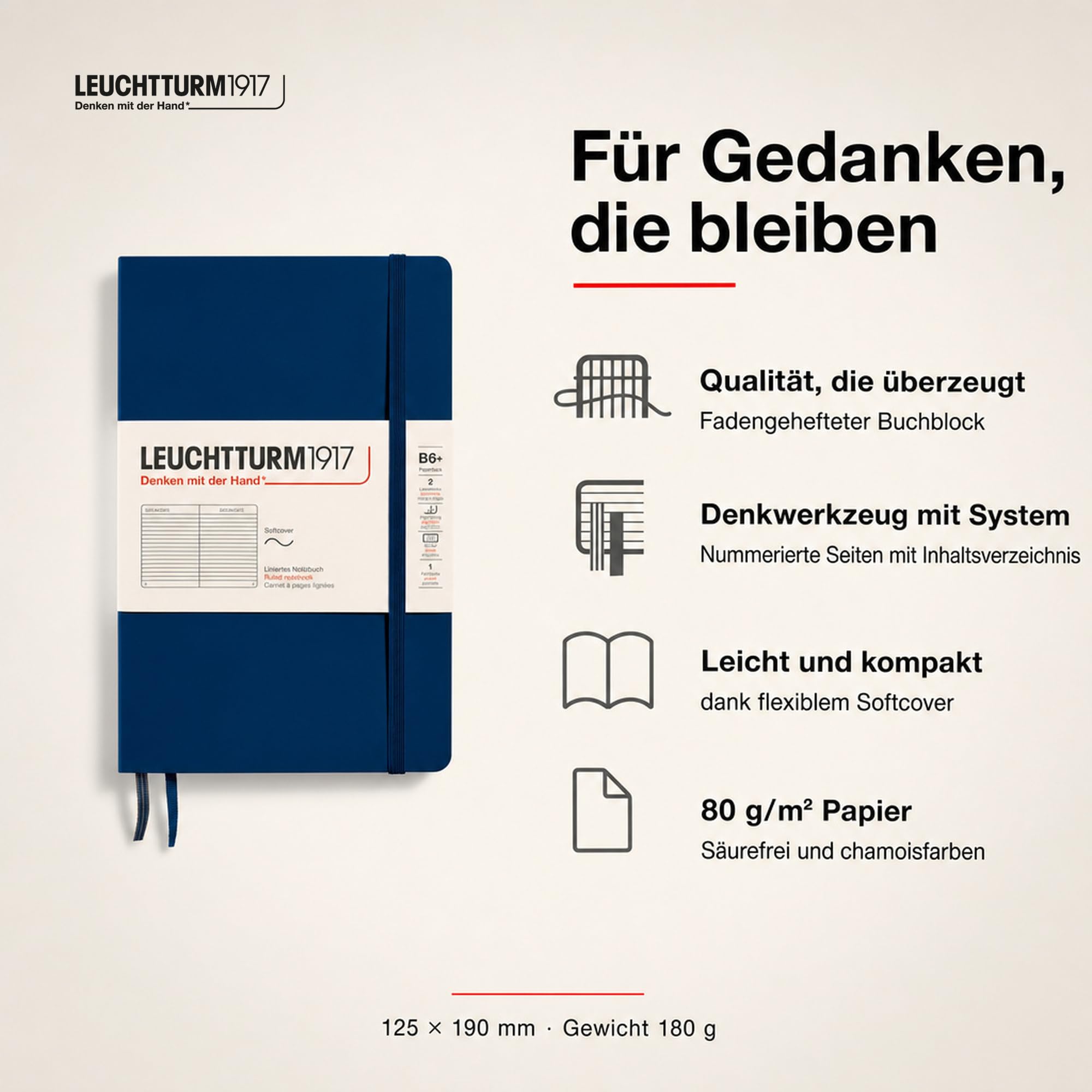 LEUCHTTURM1917 358317 Taccuini Paperback B6+, Copertina morbida, 123 pagine numerate, Righe, Blue Mare