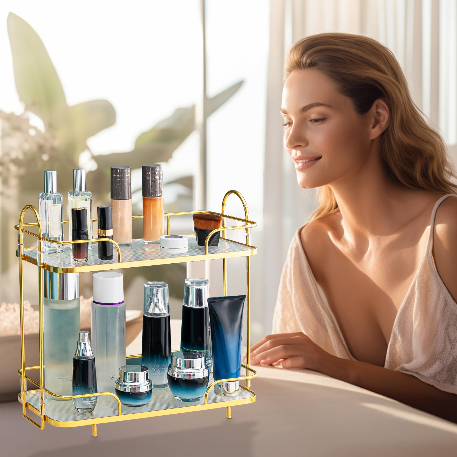 Organizador de esquina de 2 niveles, organizador de cosméticos para el cuidado de la piel, bandeja de perfume para encimera de baño, organizador de tocador, estante de almacenamiento de especias de